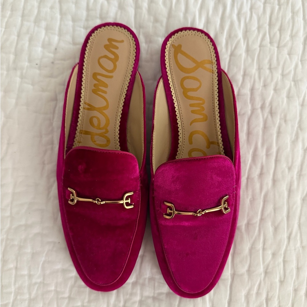 Sam Edelman Linnie Bit Mules in Fuchsia Velvet with Gold Horsebit